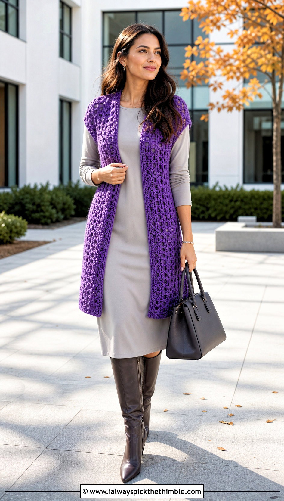 Open Front Chunky Yarn Crochet Vest With Column Dress - 20 Chunky Yarn Crochet Vest outfit ideas