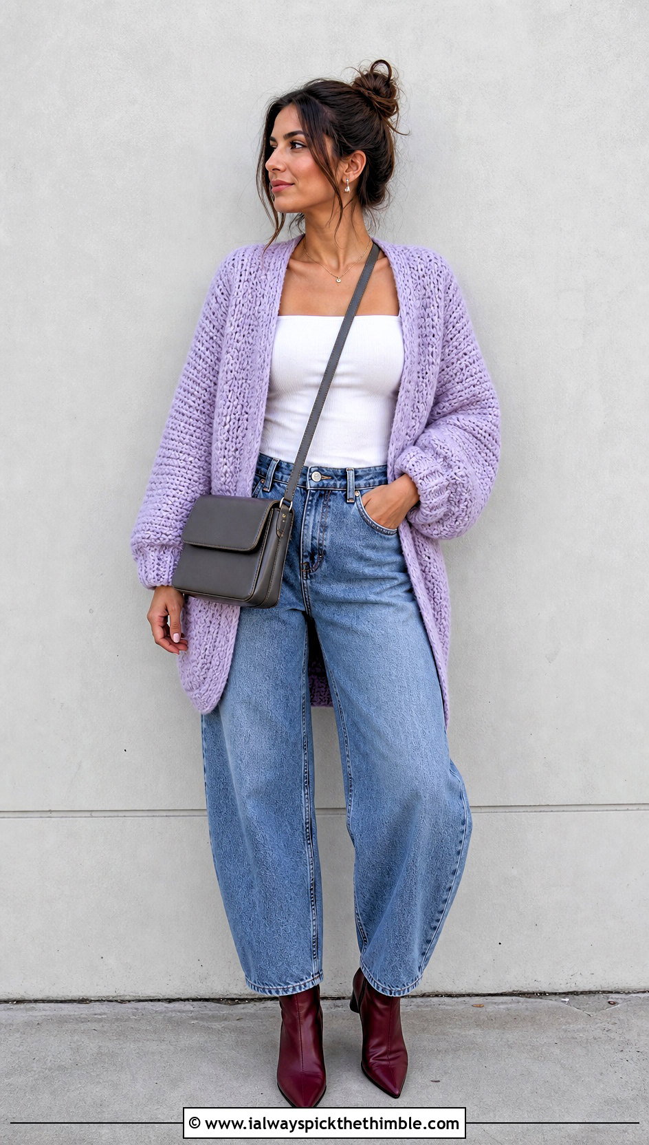 Open Front Cocoon Crochet Cardigan With Barrel Jeans - 20 puffy crochet cardigan outfit ideas