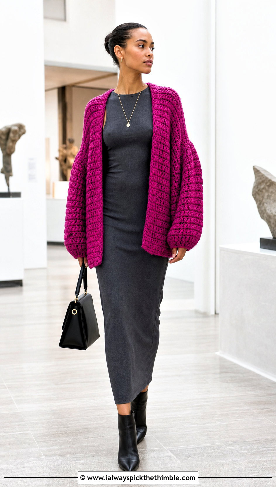 Open Front Cocoon Puffy Sleeve Cardigan With Column Dress - 20 Crochet Puffy Sleeves Cardigan outfit ideas