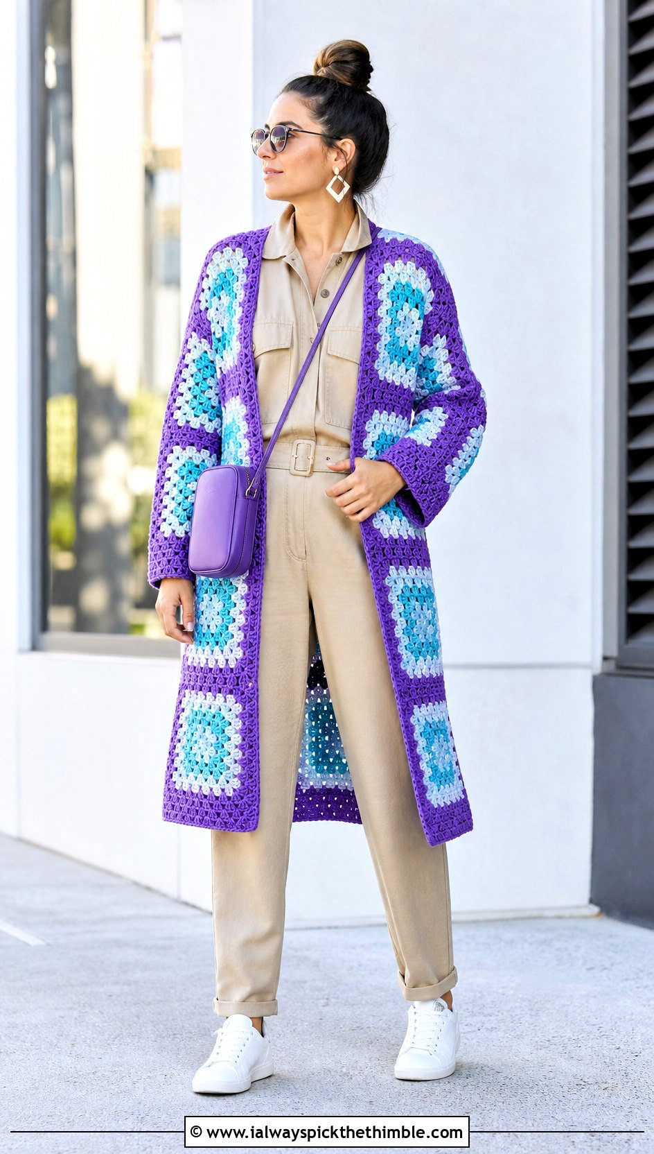 Open Front Color Block Big Granny Square Cardigan With Utility Jumpsuit - 25 Big Granny Square Cardigan outfit ideas