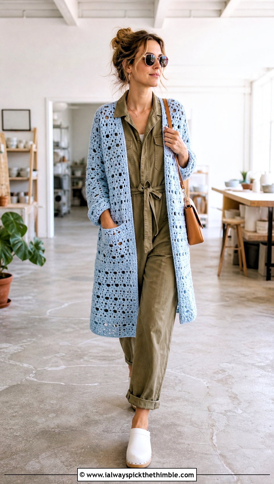 Open Front Continuous Granny Square Cardigan With A Boiler Suit - 20 continuous granny square cardigan outfit ideas