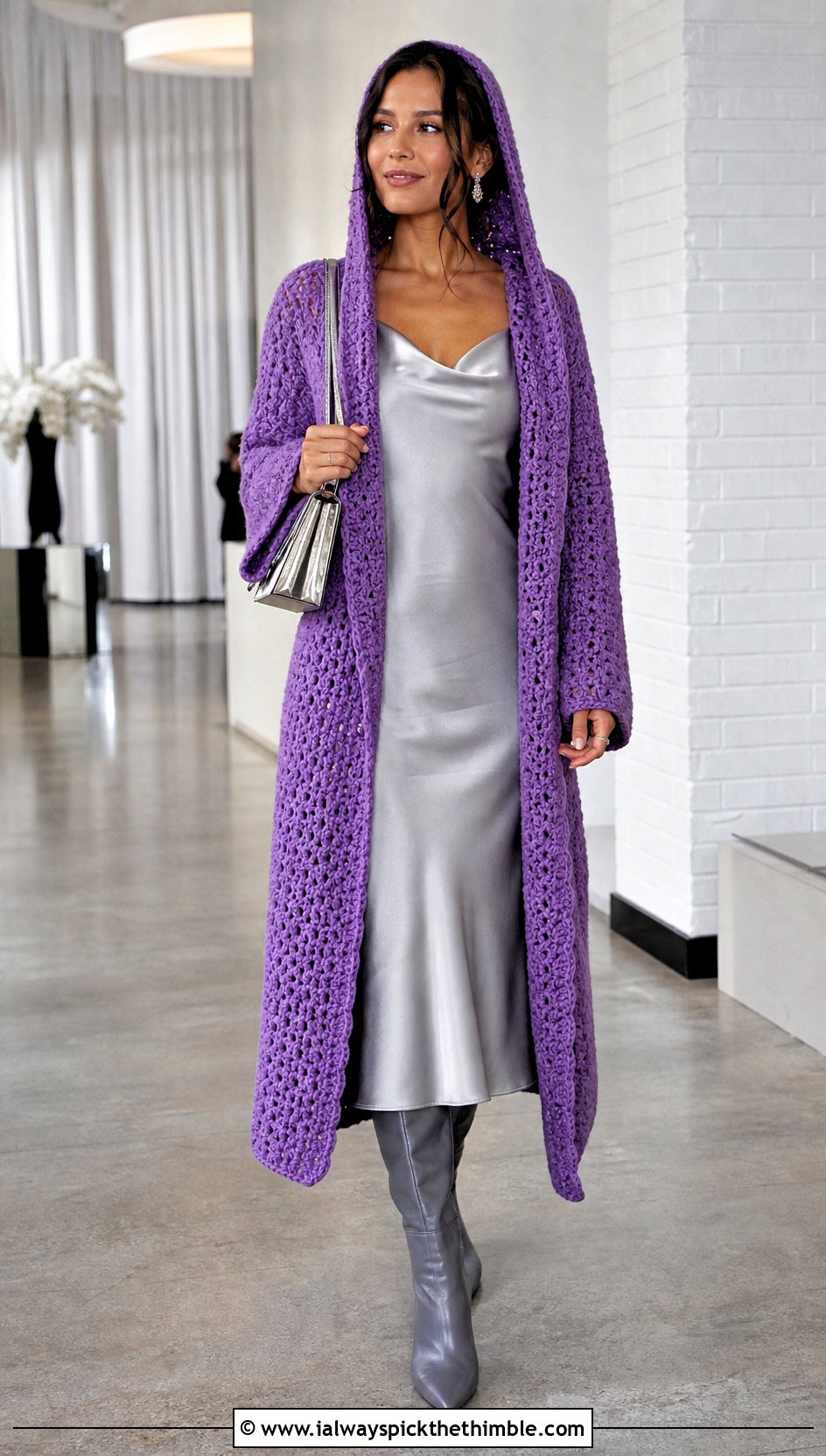 Open Front Crochet Blanket Hoodie With Slip Dress - 20 crochet blanket hoodie outfit ideas