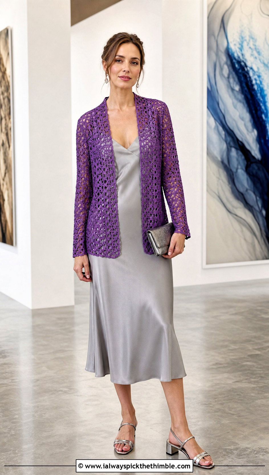 Open Front Crochet Blazer With Slip Dress - 25 crochet blazer outfit ideas