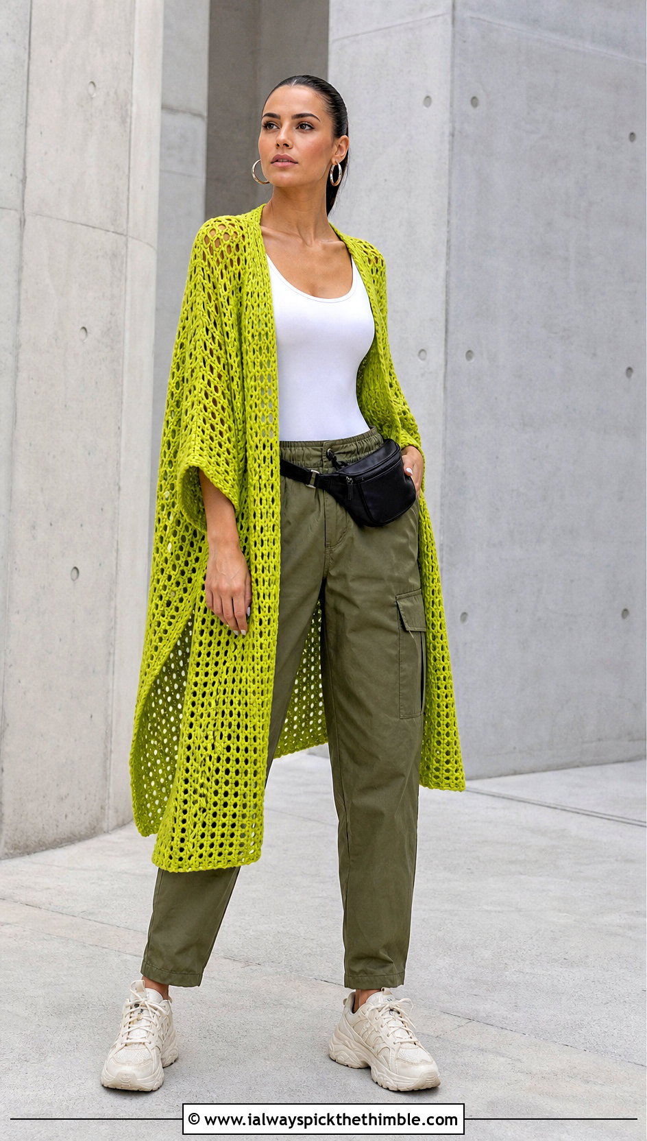 Open Front Crochet Cape With A Bodysuit And Cargo Pants - 25 crochet cape outfit ideas