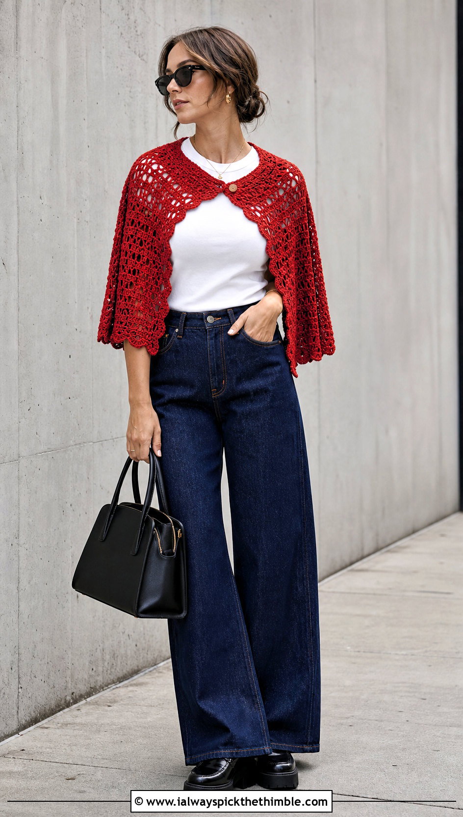 Open Front Crochet Caplet Shawl With T Shirt And Wide Leg Jeans - 20 crochet caplet shawl outfit ideas
