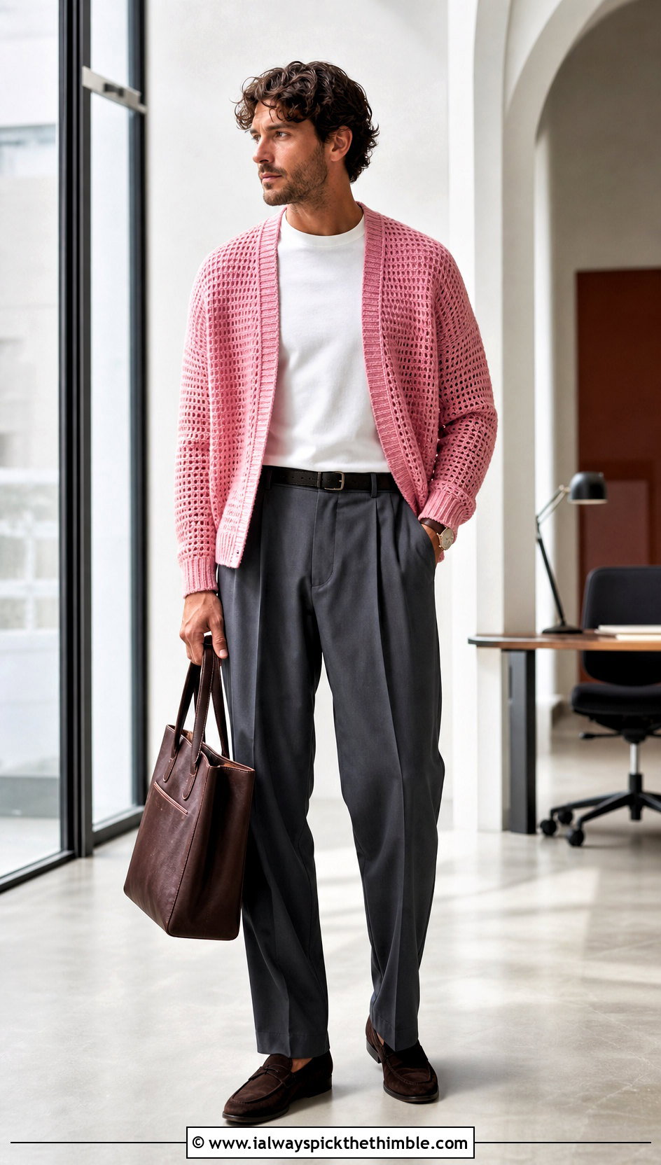 Open Front Crochet Cardigan Jacket With Pleated Trousers - 15 Crochet Mens Jacket outfit ideas