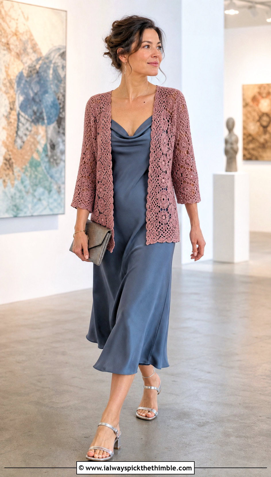 Open Front Crochet Cardigan Sweater With Slip Dress - 20 spring crochet sweater outfit ideas