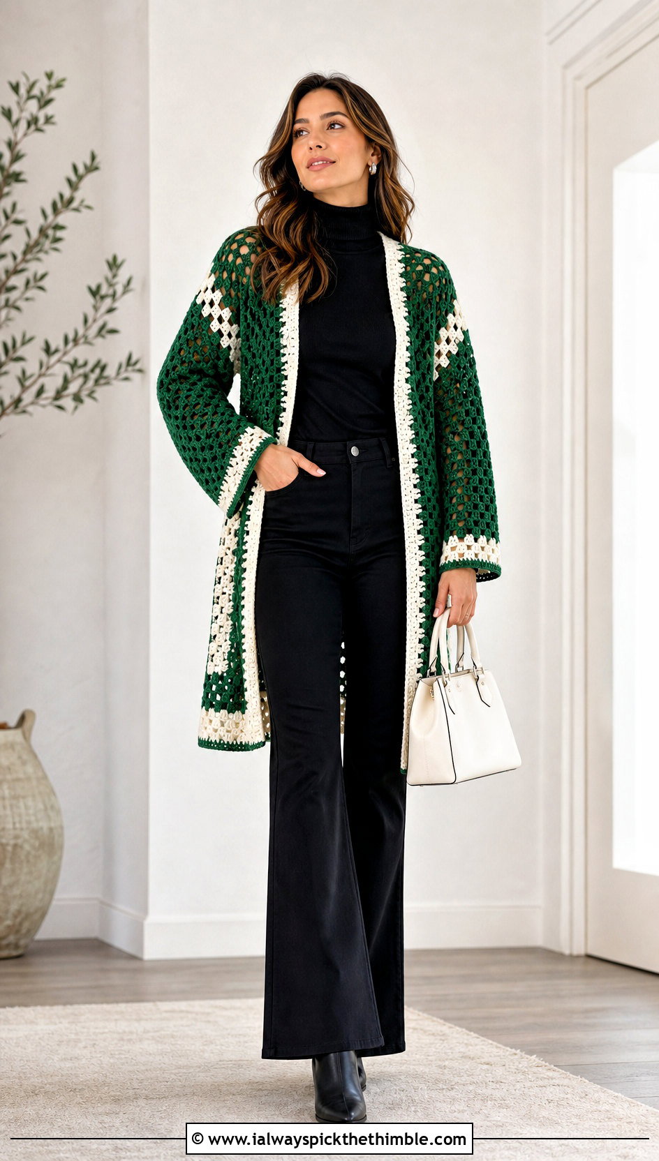 Open Front Crochet Cardigan With A Turtleneck And Flared Pants - 20 green and white crochet cardigan outfit ideas