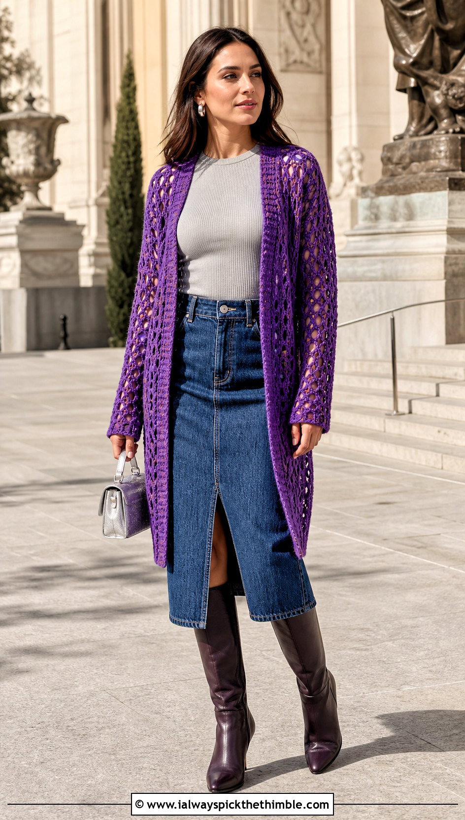Open Front Crochet Cardigan With Denim Midi Skirt - 25 crocheted cardigan outfit ideas