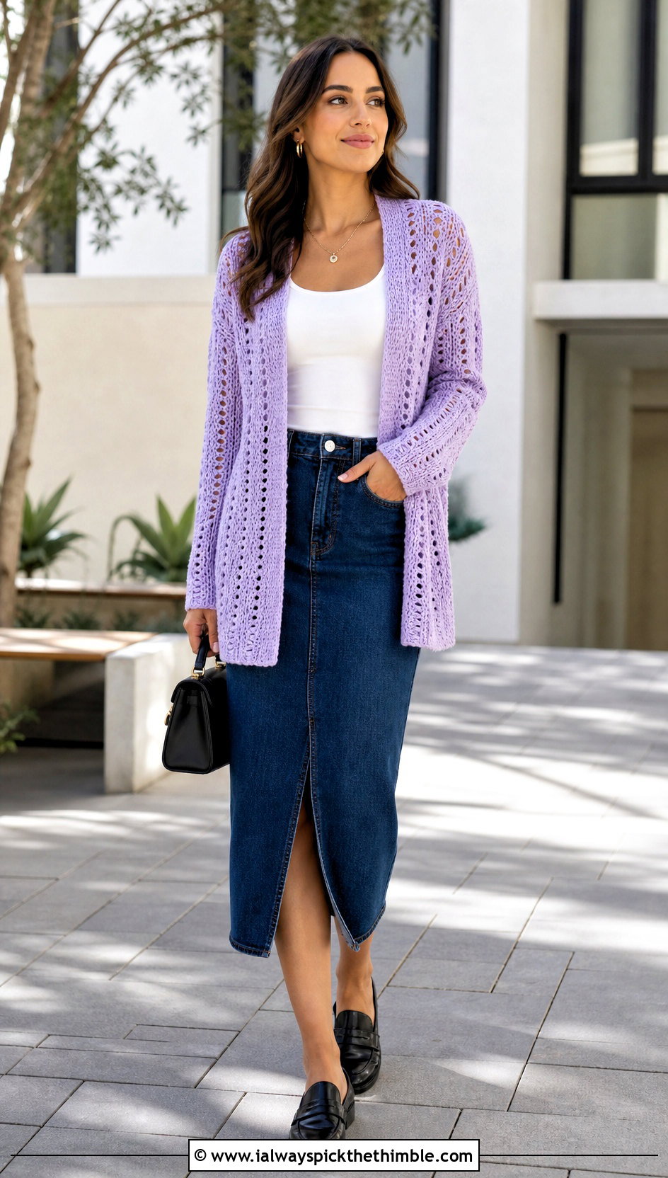 Open Front Crochet Cardigan With Denim Midi Skirt - 25 beginner crochet cardigan outfit ideas