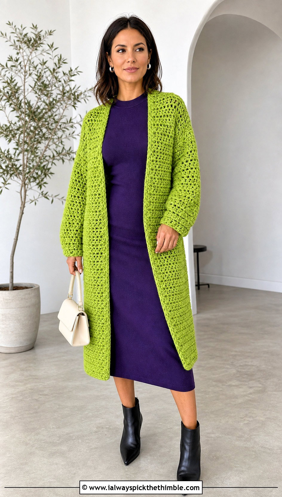 Open Front Crochet Cardigan With Knit Midi Dress - 20 thick crochet cardigan outfit ideas
