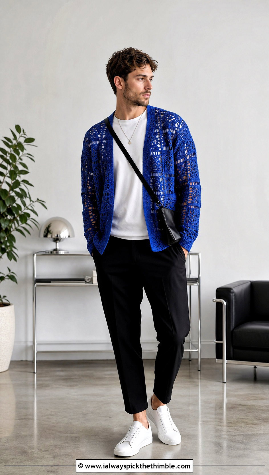 Open Front Crochet Cardigan With White T Shirt - 20 Easy Crochet Mens Sweater outfit ideas