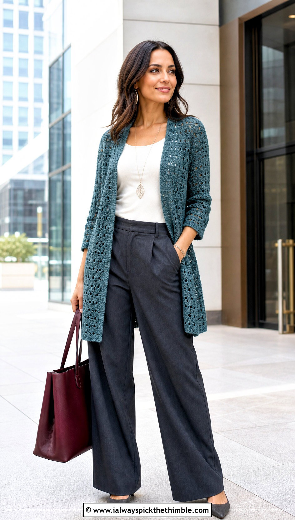 Open Front Crochet Cardigan With Wide Leg Trousers - 25 easy crochet cardigan outfit ideas
