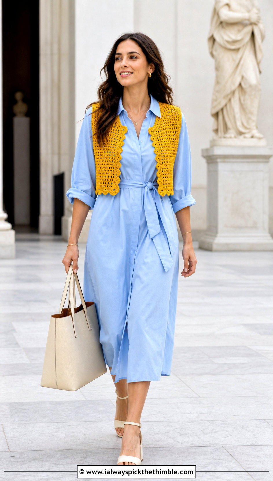 Open Front Crochet Cropped Vest With Poplin Dress - 15 crochet cropped vest outfit ideas
