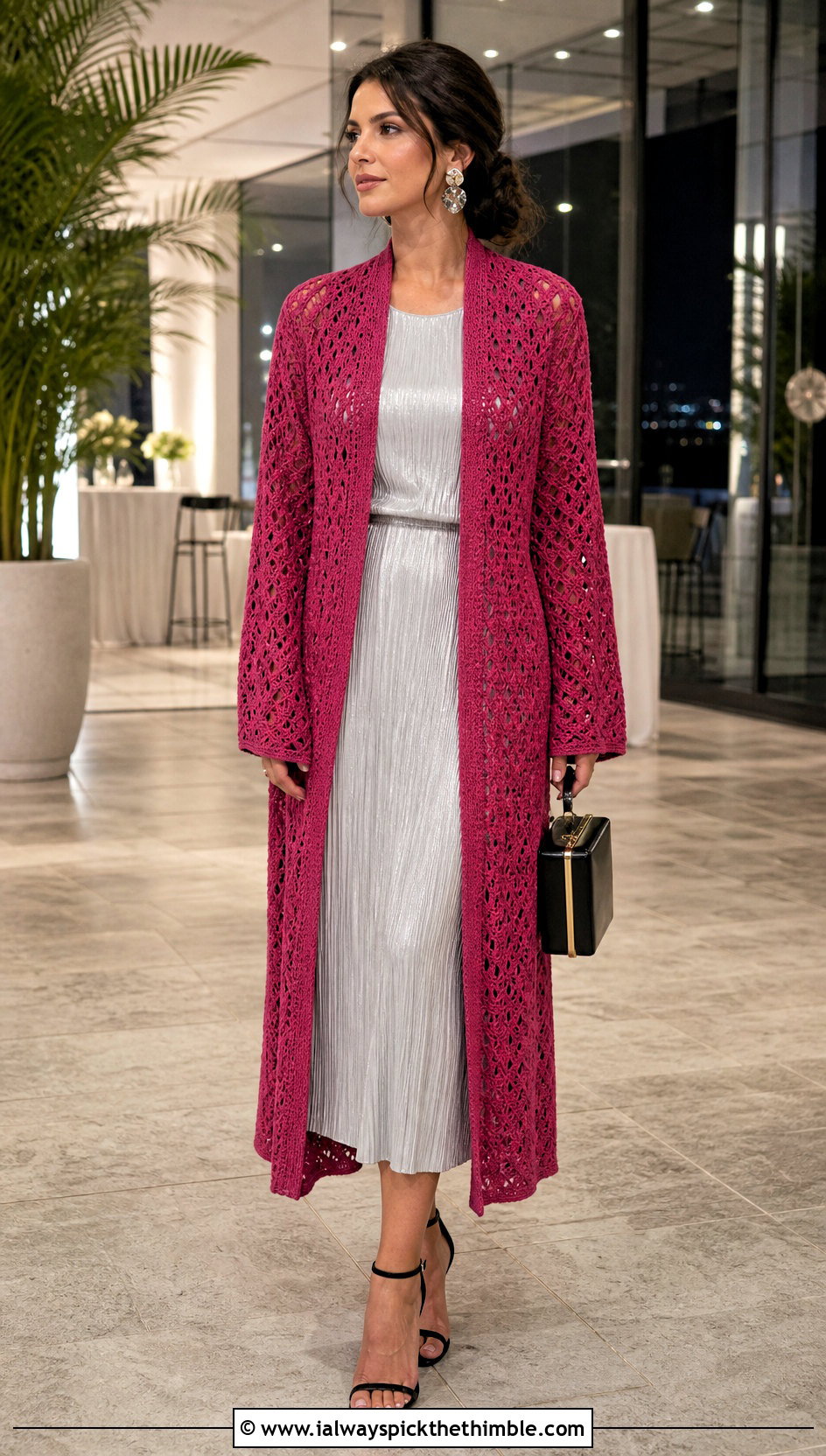 Open Front Crochet Duster Bathrobe With Metallic Dress - 20 crochet bathrobe outfit ideas