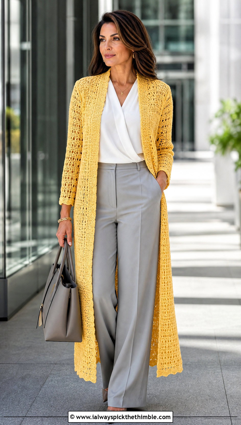 Open Front Crochet Duster Coat With Wide Leg Trousers - 20 Crochet Sweater Coat outfit ideas