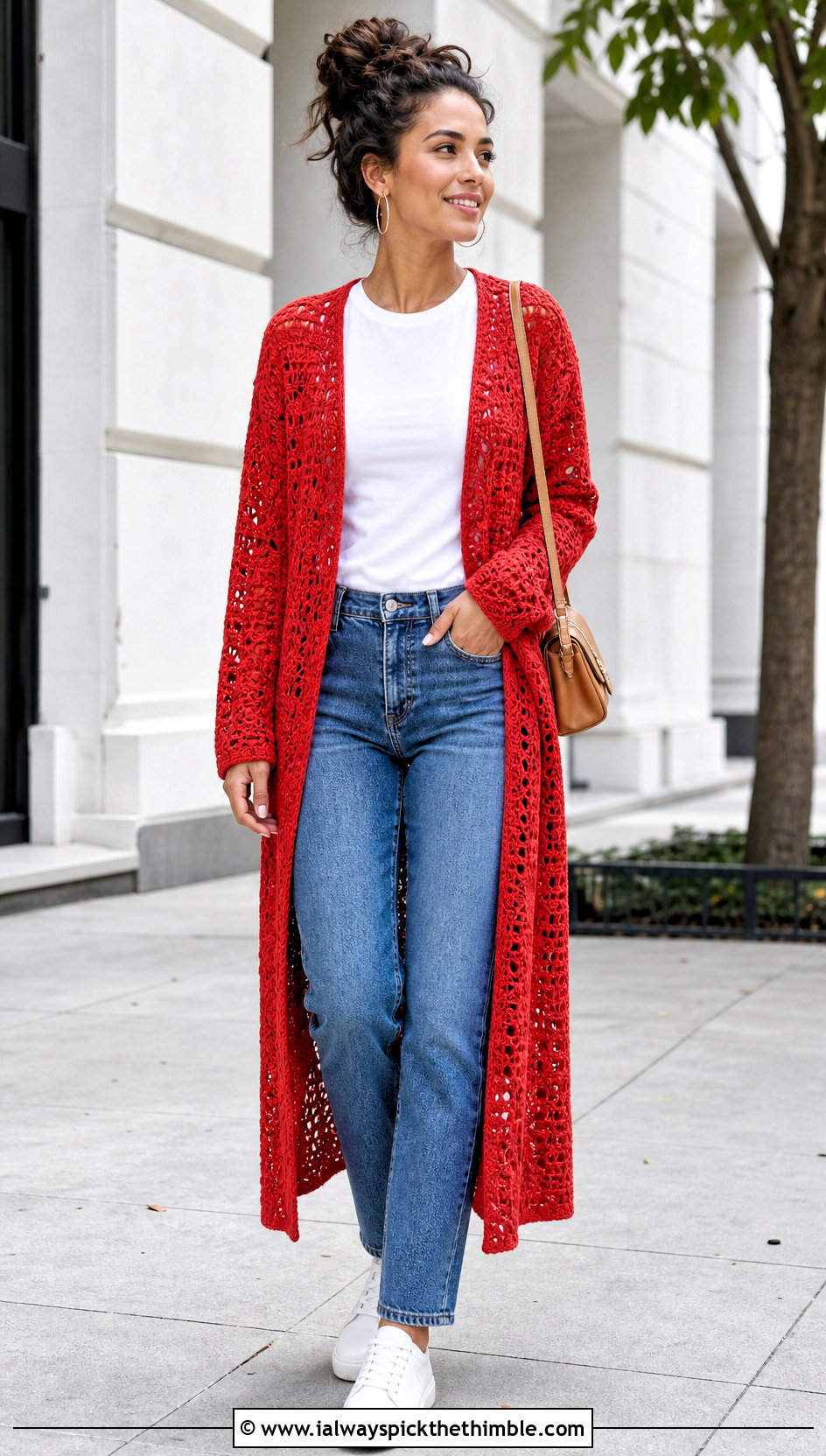Open Front Crochet Duster With White Tee And Jeans - 20 Easy Crochet Duster outfit ideas