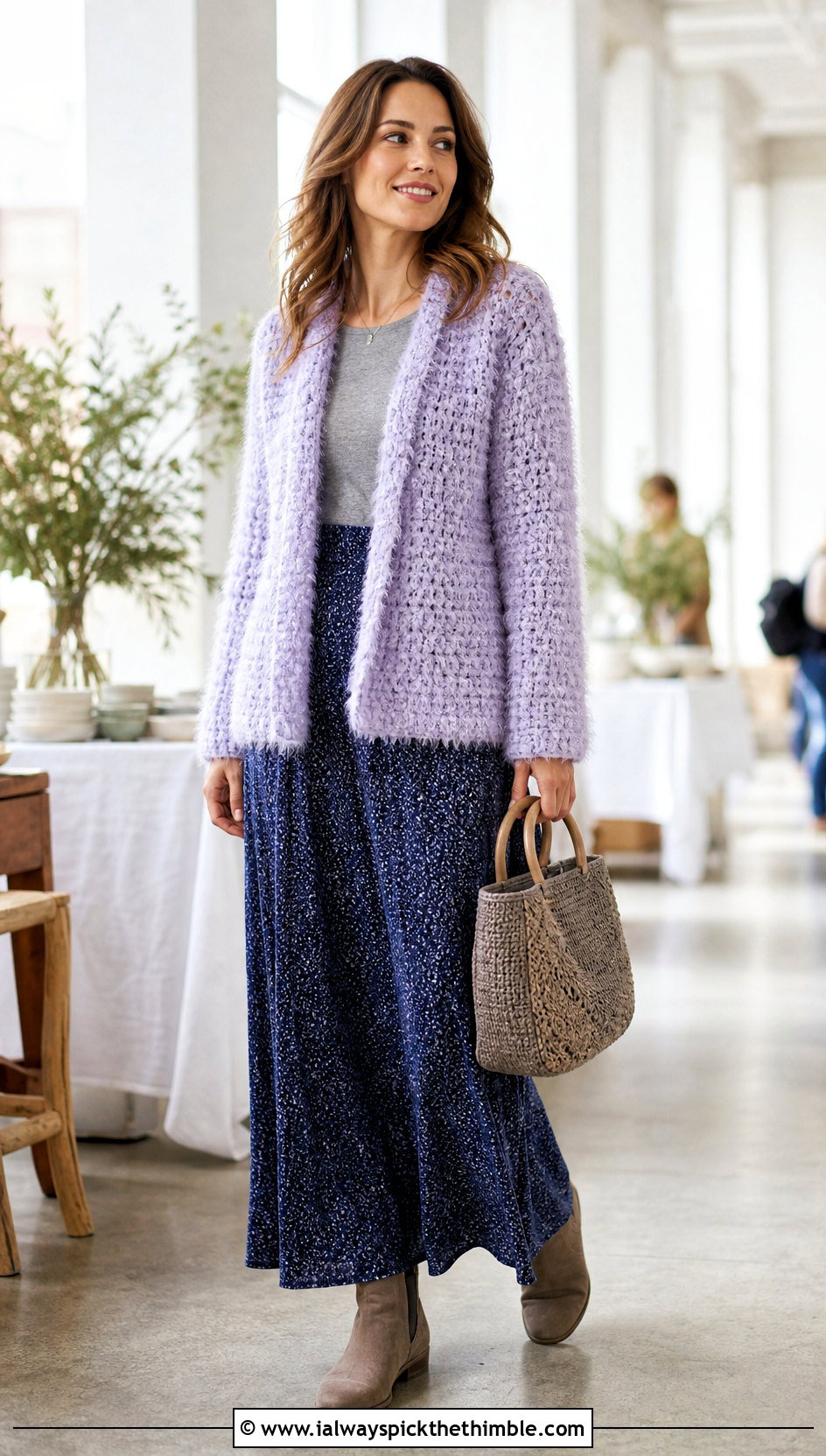 Open Front Crochet Fur Jacket With Maxi Skirt - 20 crochet fur jacket outfit ideas