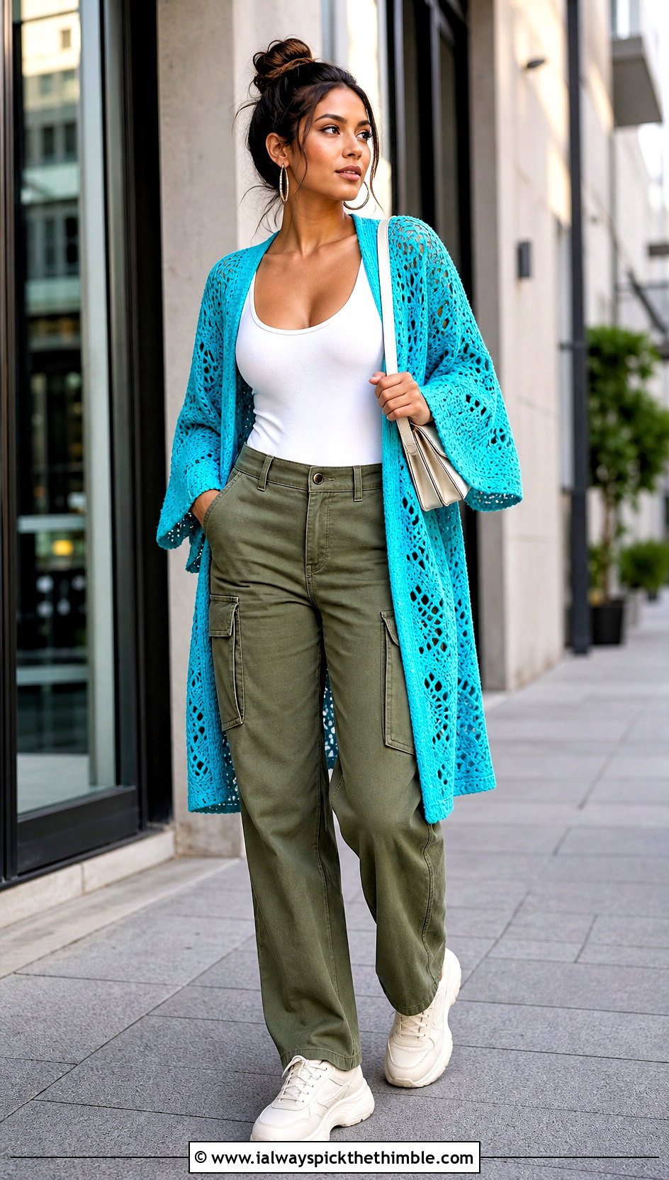 Open Front Crochet Kimono With Cargo Pants - 20 easy crochet kimono outfit ideas