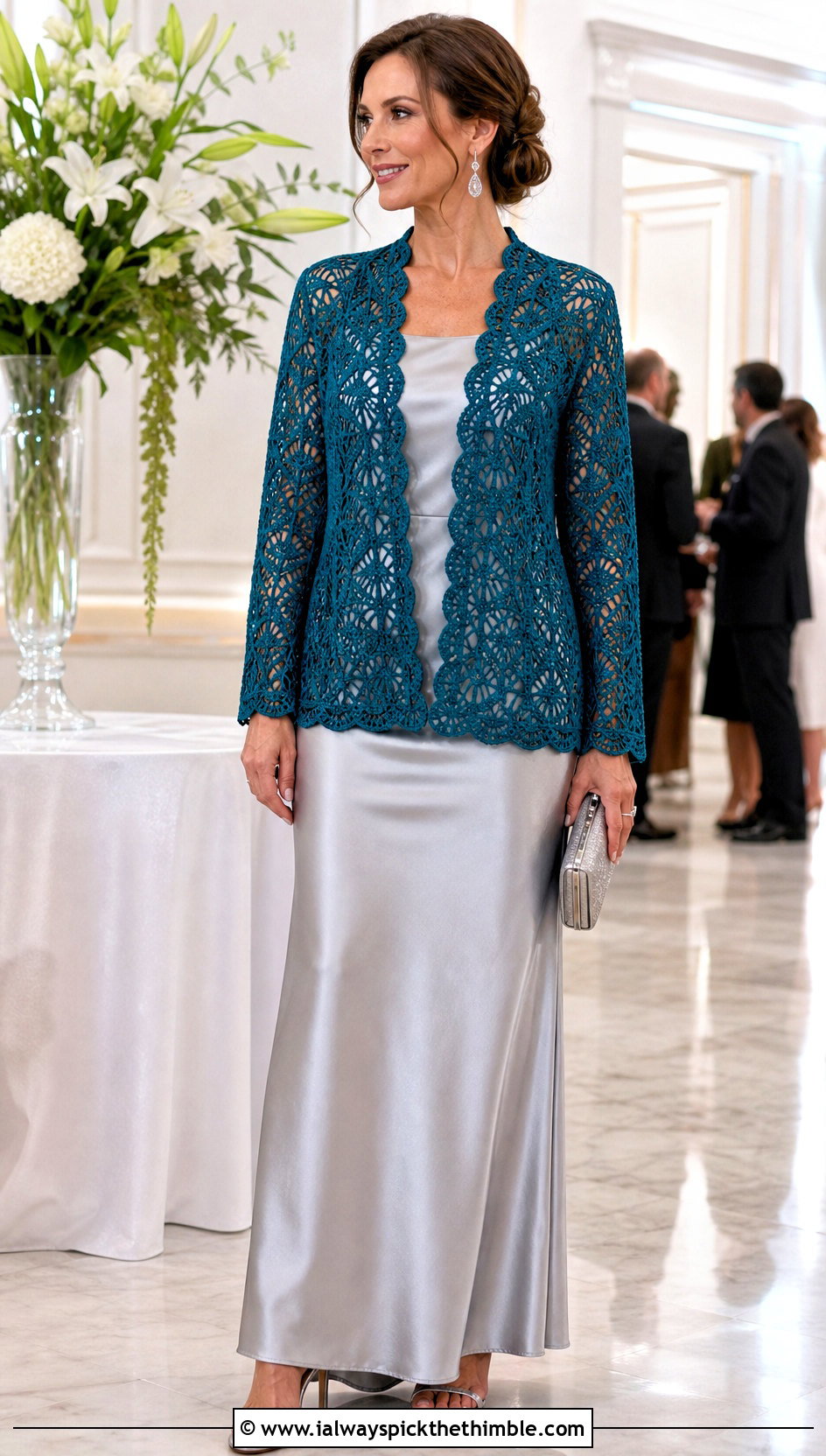 Open Front Crochet Lace Jacket With Satin Maxi Dress - 25 crochet lace jacket outfit ideas