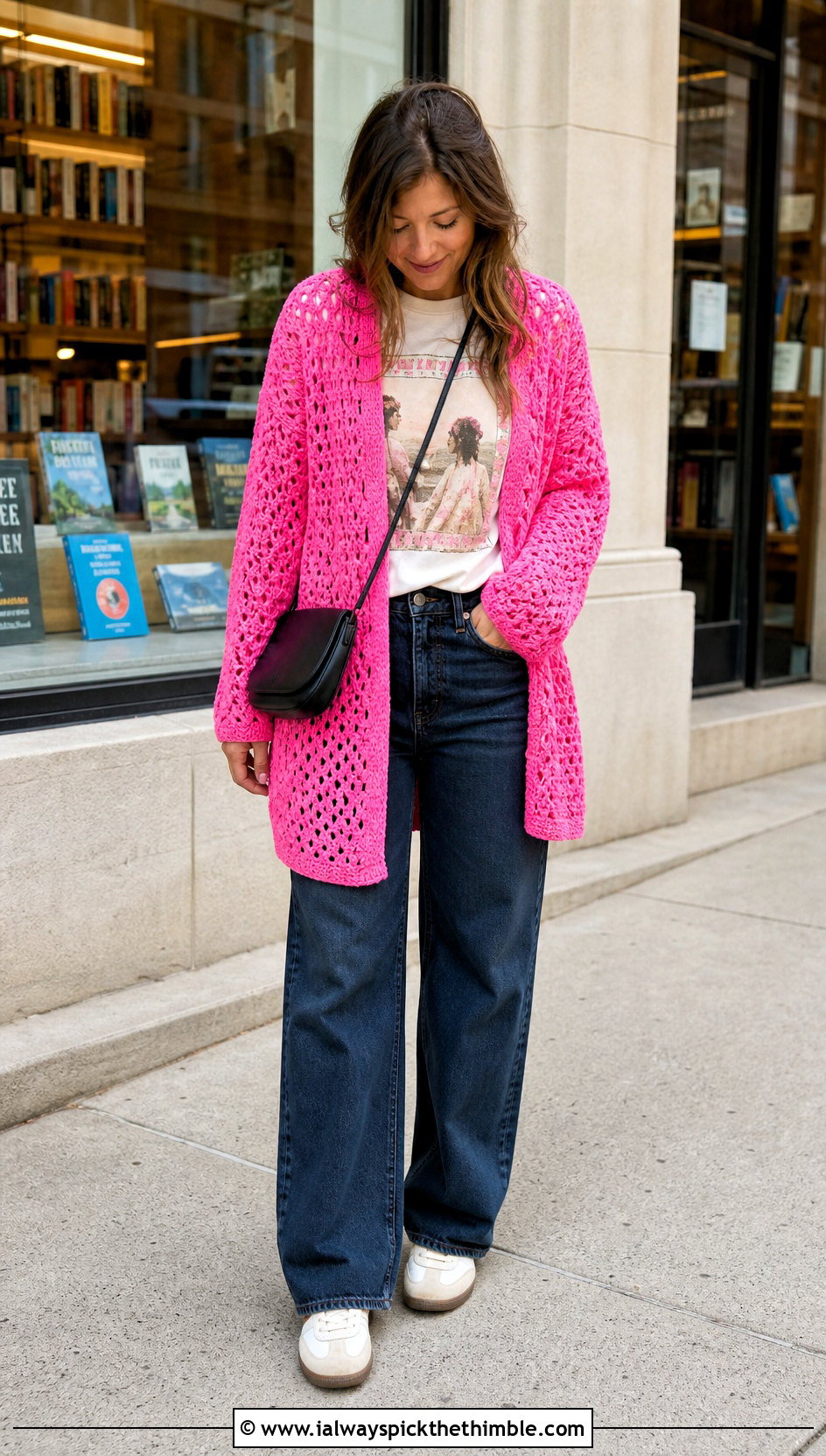 Open Front Crochet Long Sleeve Cardigan With Graphic Tee - 20 Crochet Long Sleeve Cardigan outfit ideas
