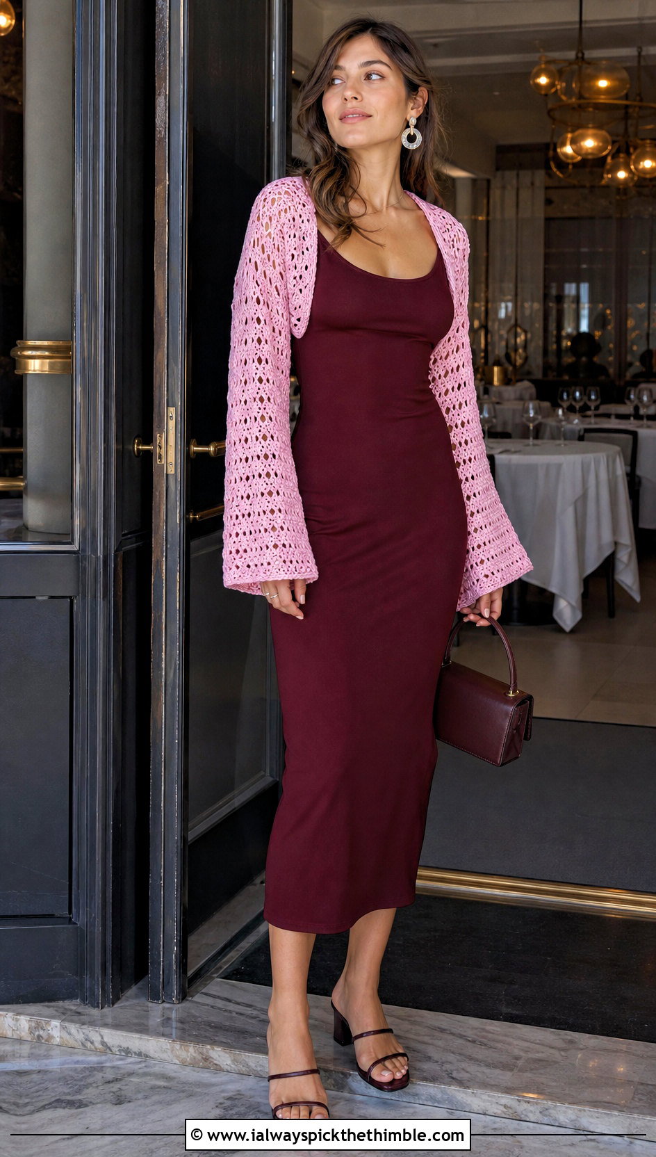 Open Front Crochet Mesh Shrug Top With Tank Dress - 20 long sleeve crochet mesh top outfit ideas