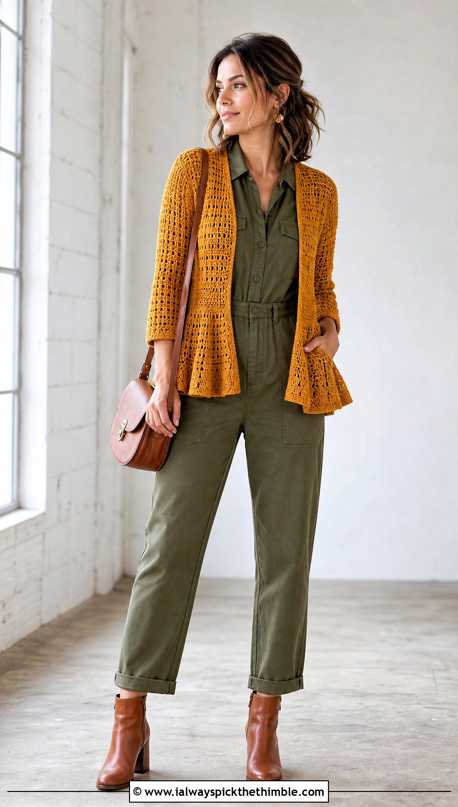 Open Front Crochet Peplum Cardigan With Utility Jumpsuit - 20 Crochet Peplum Cardigan outfit ideas