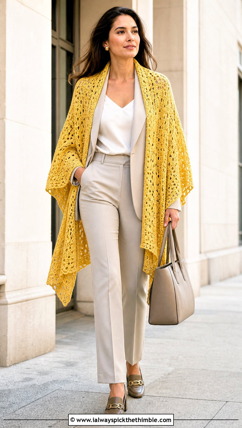 Open Front Crochet Poncho Shawl With Blazer And Trousers - 20 crochet poncho shawl outfit ideas