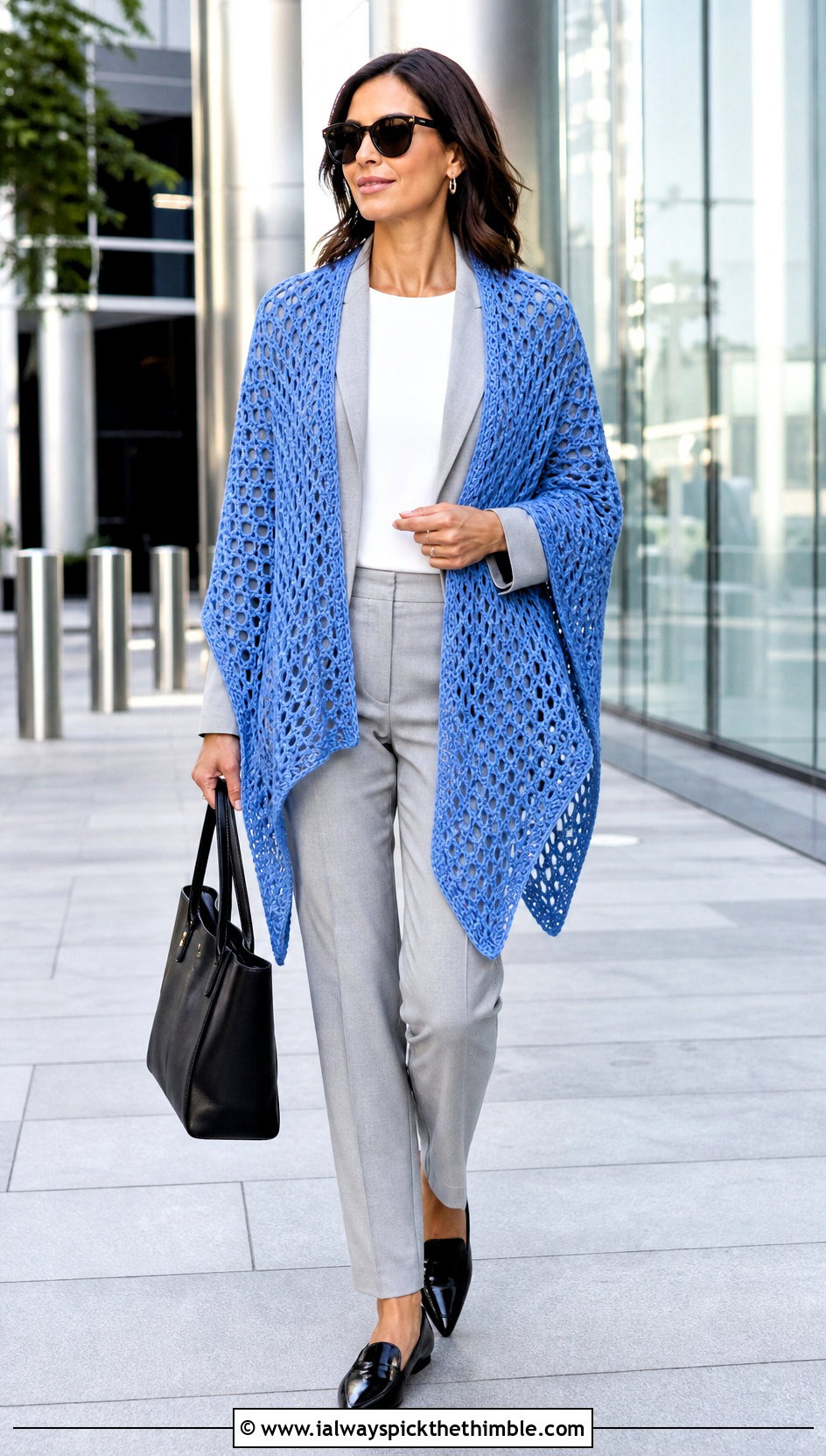Open Front Crochet Poncho With Blazer And Trousers - 20 Easy Crochet Poncho For Beginners outfit ideas