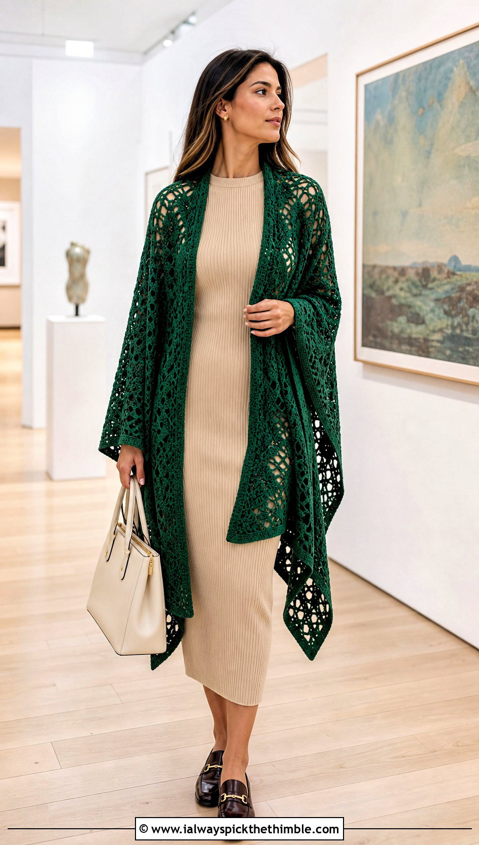 Open Front Crochet Poncho With Column Dress - 15 Easy Crochet Ponchos outfit ideas