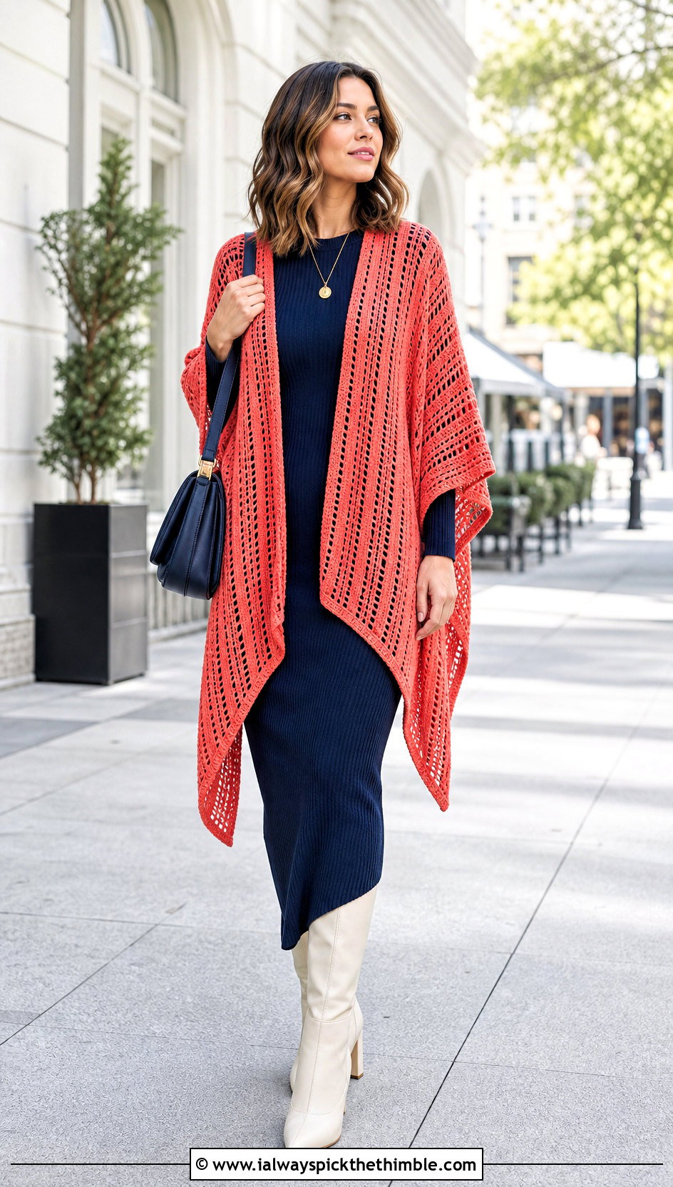 Open Front Crochet Poncho With Knit Dress - 20 Beginner Crochet Poncho outfit ideas