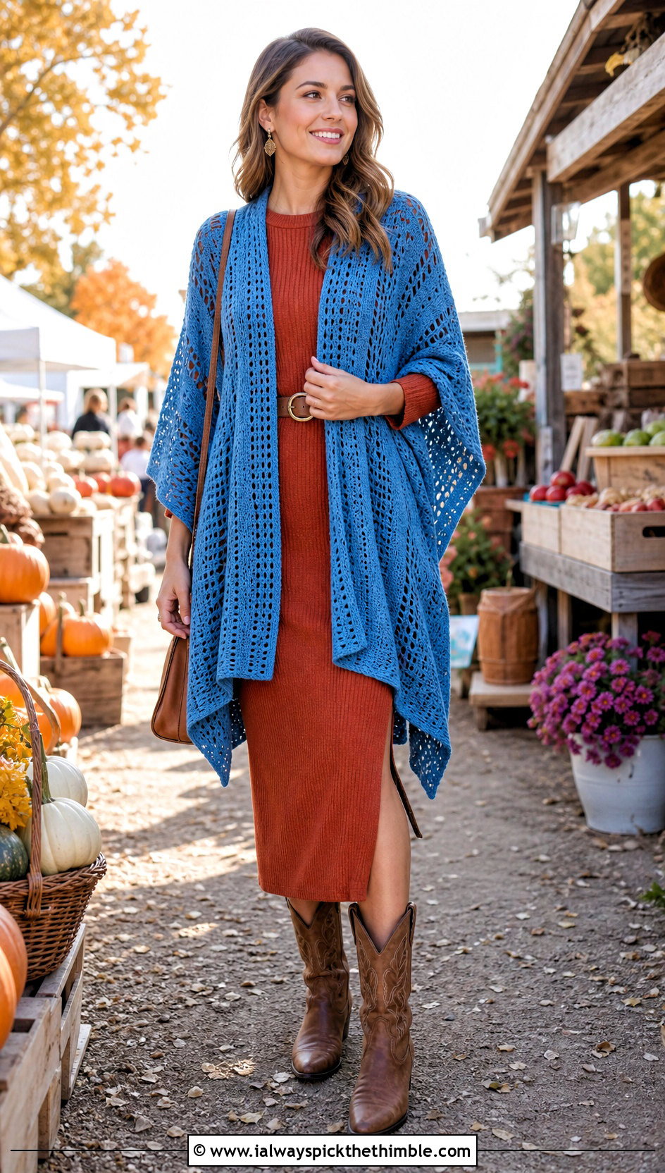 Open Front Crochet Poncho With Midi Dress And Western Boots - 20 Crochet Fall Poncho outfit ideas