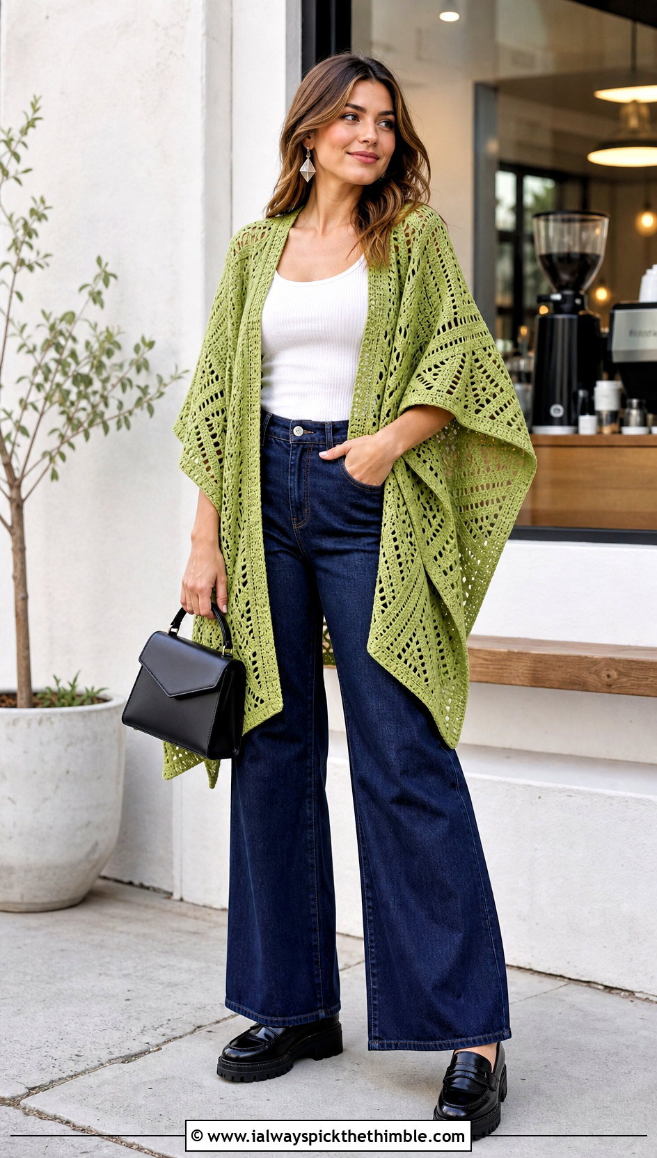 Open Front Crochet Poncho With Wide Leg Jeans - 15 Crochet For Ponchos For Women outfit ideas