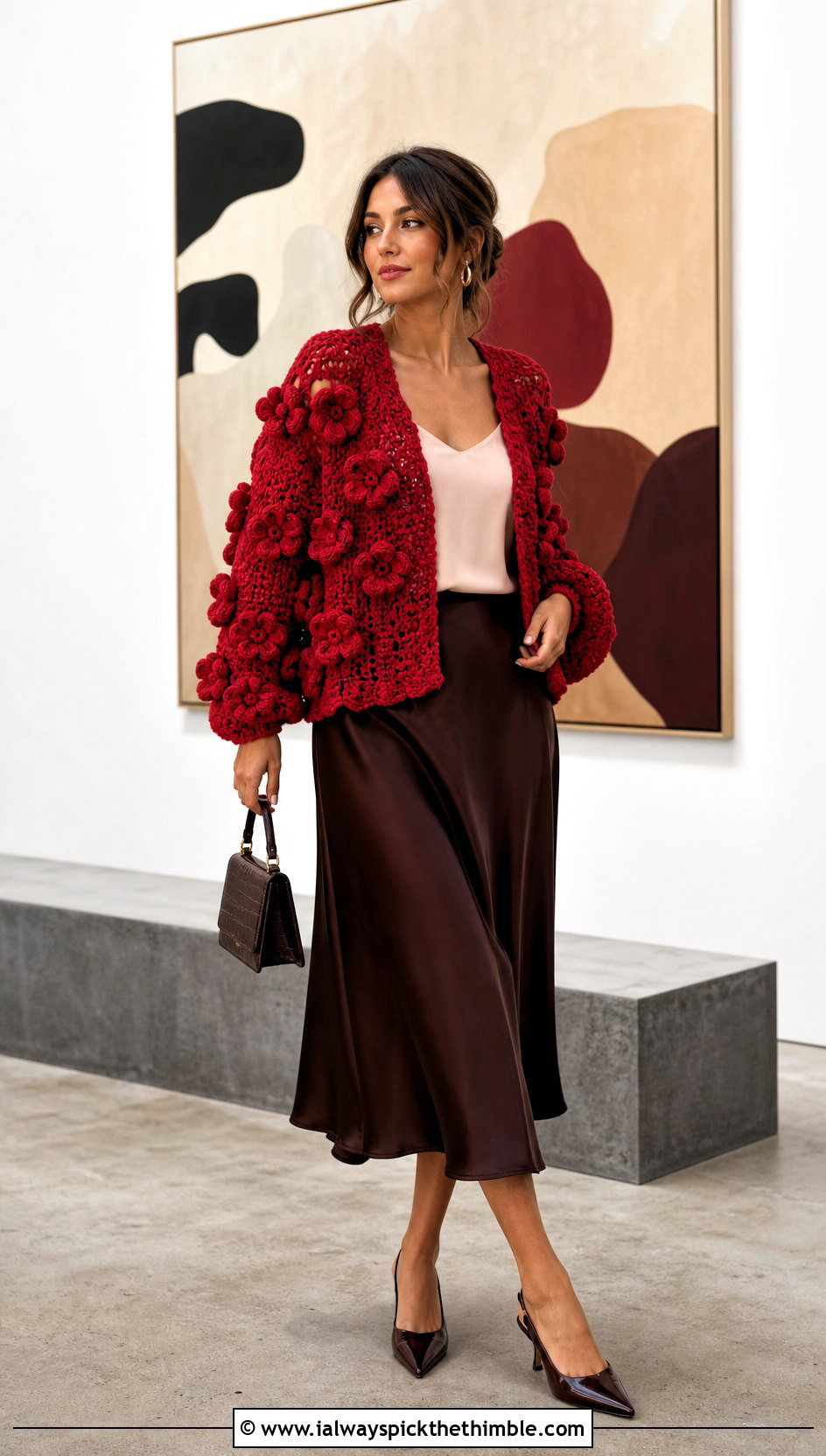 Open Front Crochet Puff Flower Cardigan With Satin Midi Skirt - 15 Crochet Puff Flower Cardigan outfit ideas