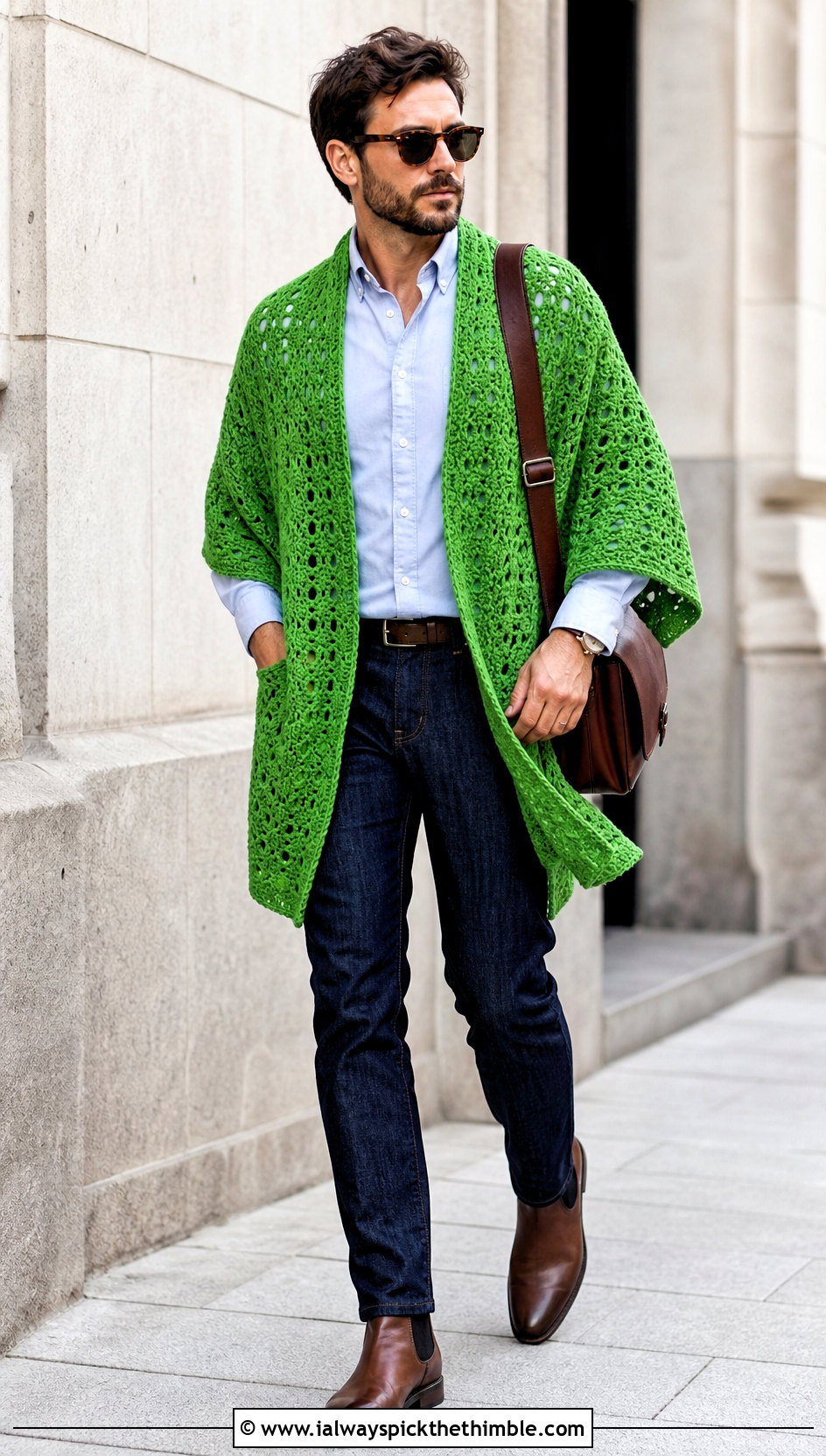 Open Front Crochet Ruana Poncho With Oxford Shirt - 20 crochet men's poncho outfit ideas