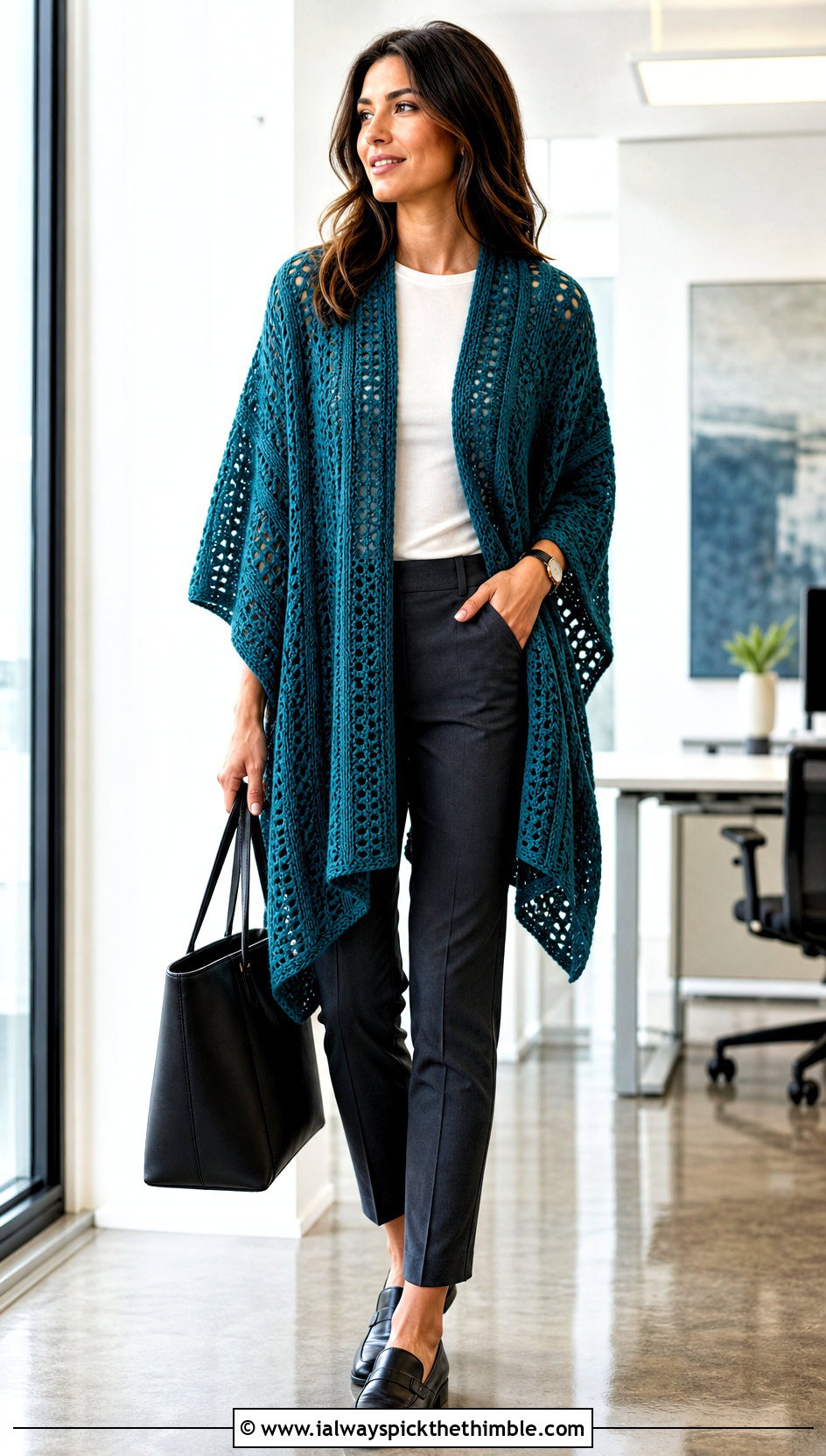 Open Front Crochet Ruana With Office Separates - 15 Crochet Shawls And Ponchos outfit ideas