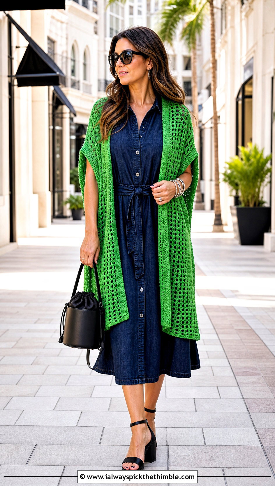 Open Front Crochet Shawl With Denim Dress - 20 crochet shawl with arm holes outfit ideas