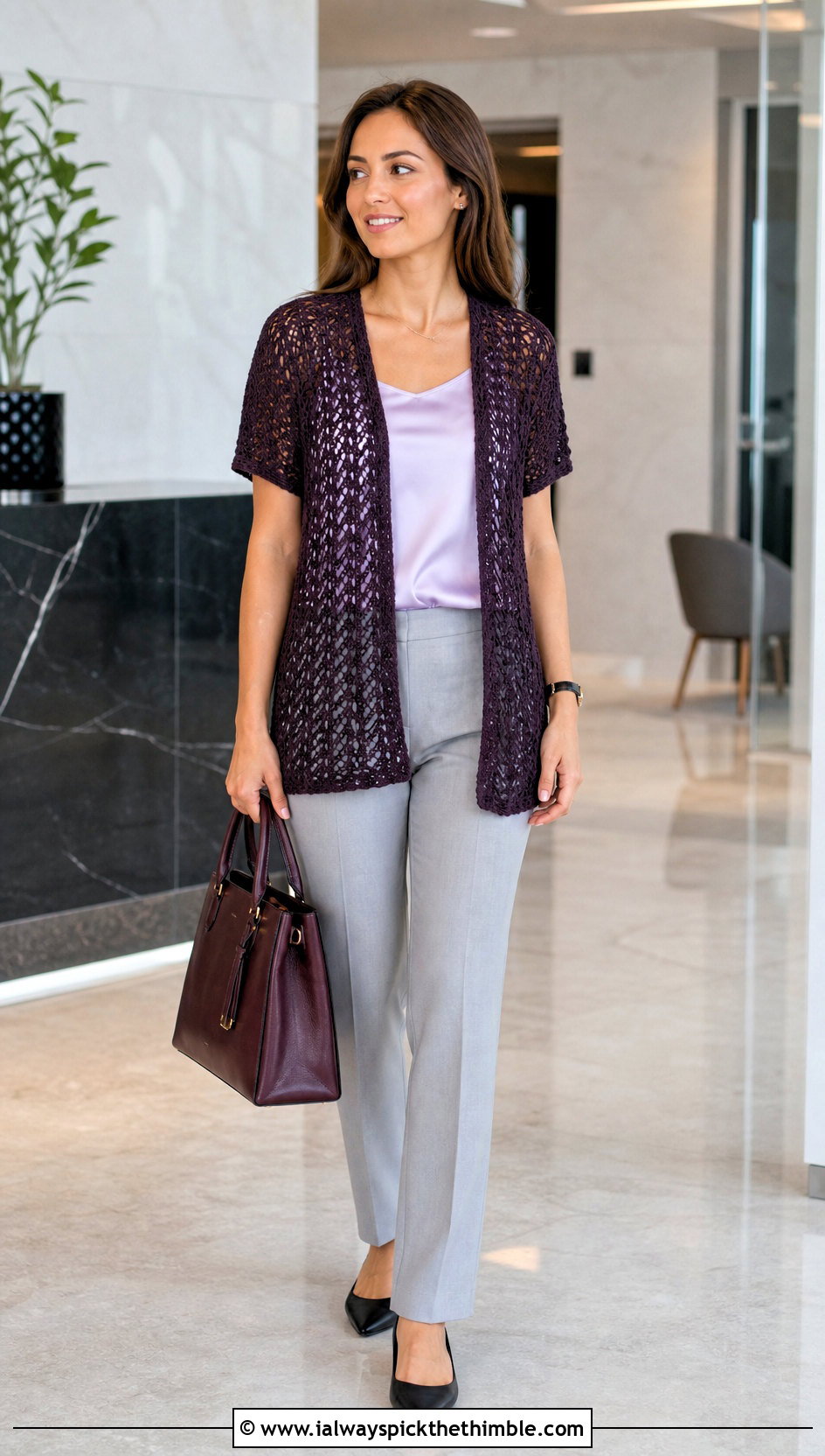Open Front Crochet Shrug With Blouse And Trousers - 20 Crochet Shrug Cardigan outfit ideas