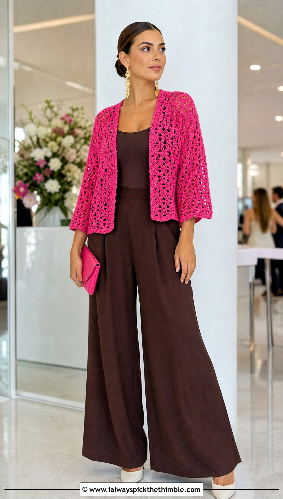 Open Front Crochet Shrug With Palazzo Pants - 25 crochet cropped cardigan outfit ideas