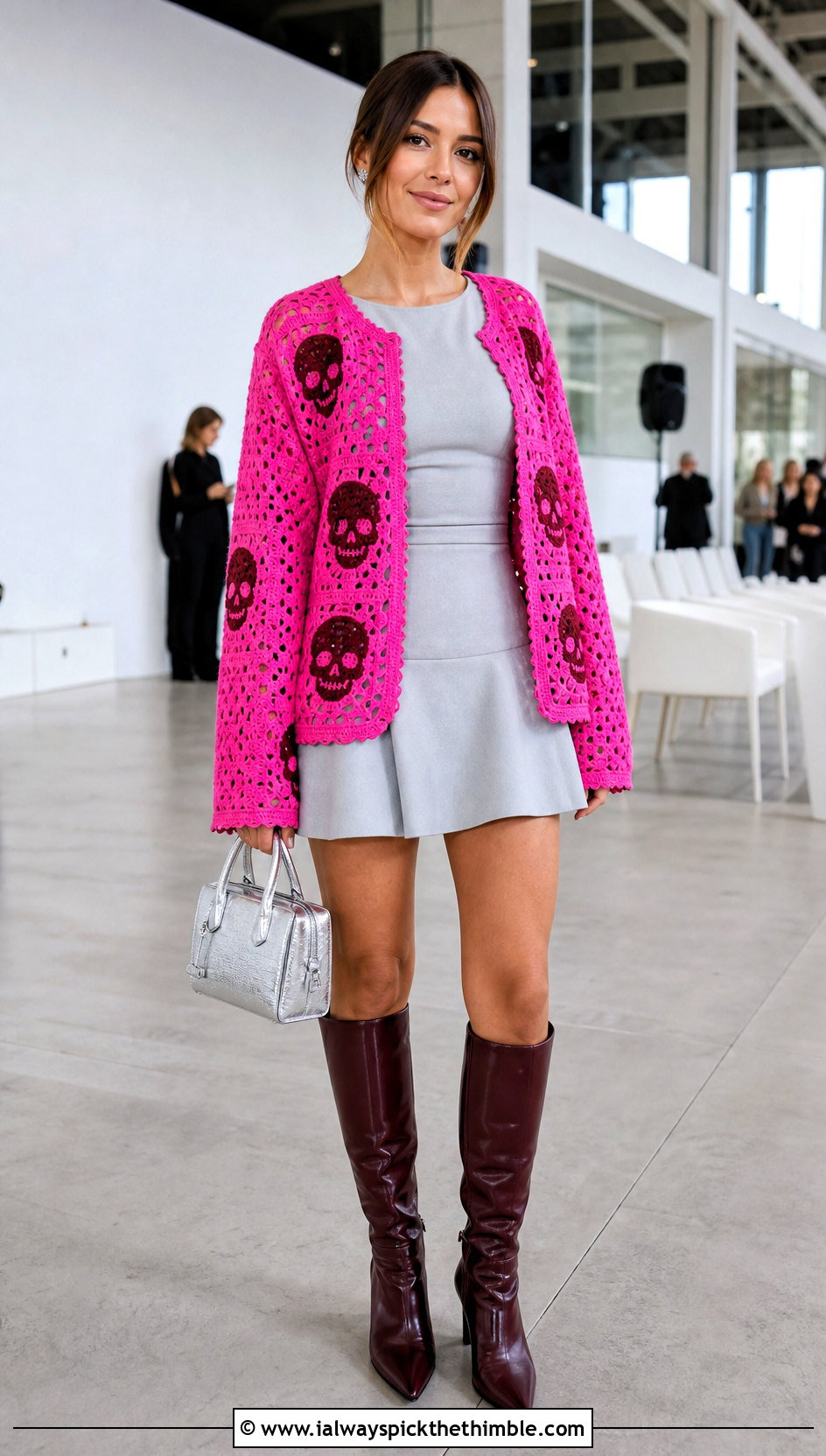 Open Front Crochet Skull Granny Square Cardigan With Mini Dress - 20 crochet skull granny square cardigan outfit ideas