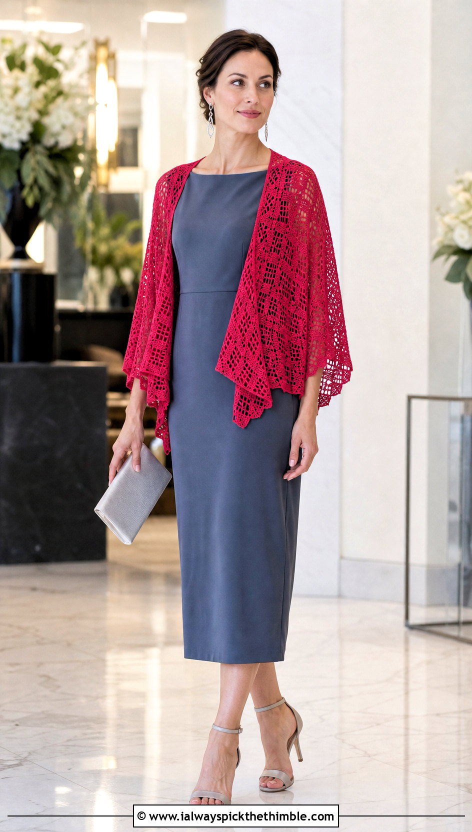Open Front Crochet Sleeve Wrap With Column Dress - 25 crochet wrap with sleeves outfit ideas