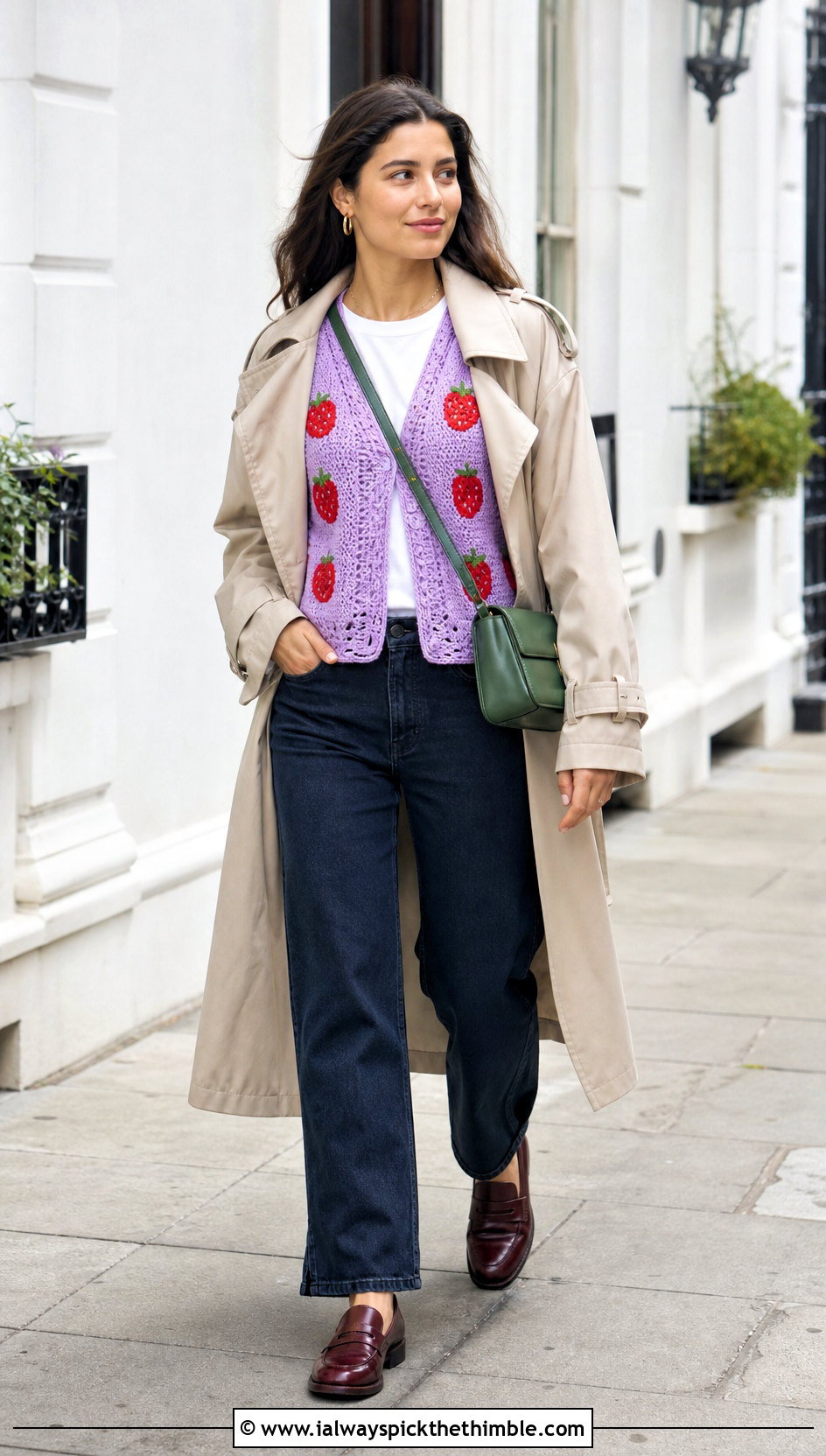 Open Front Crochet Strawberry Cardigan With Trench Coat - 25 crochet strawberry cardigan outfit ideas