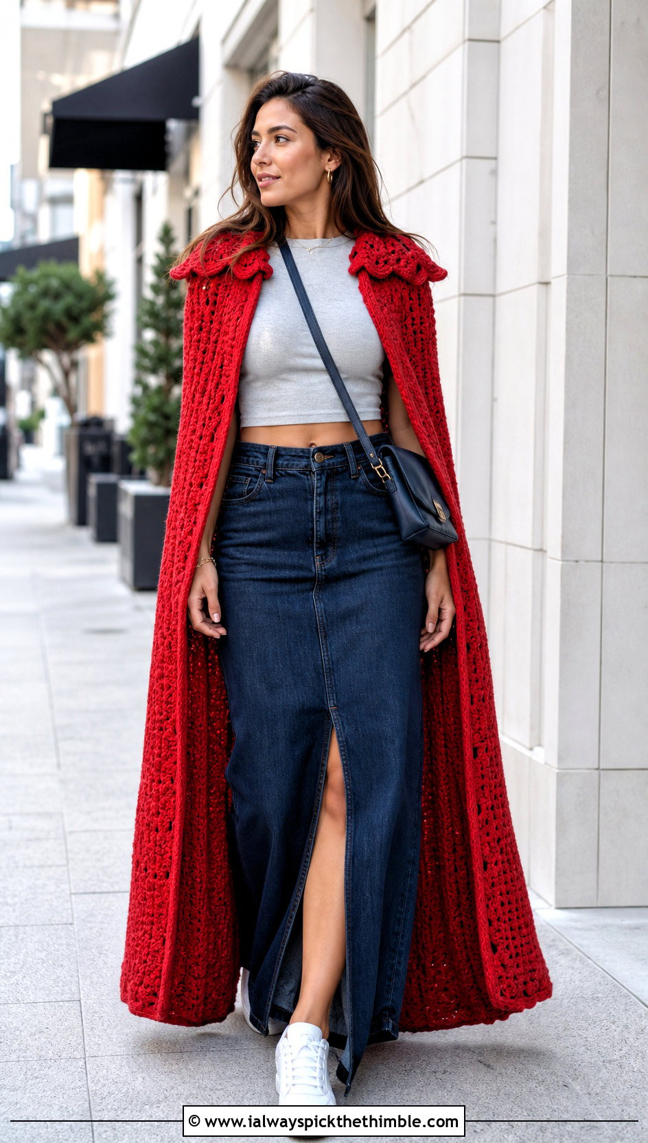 Open Front Crochet Superhero Cape With Denim Maxi Skirt - 20 Crochet Super Hero Cape outfit ideas
