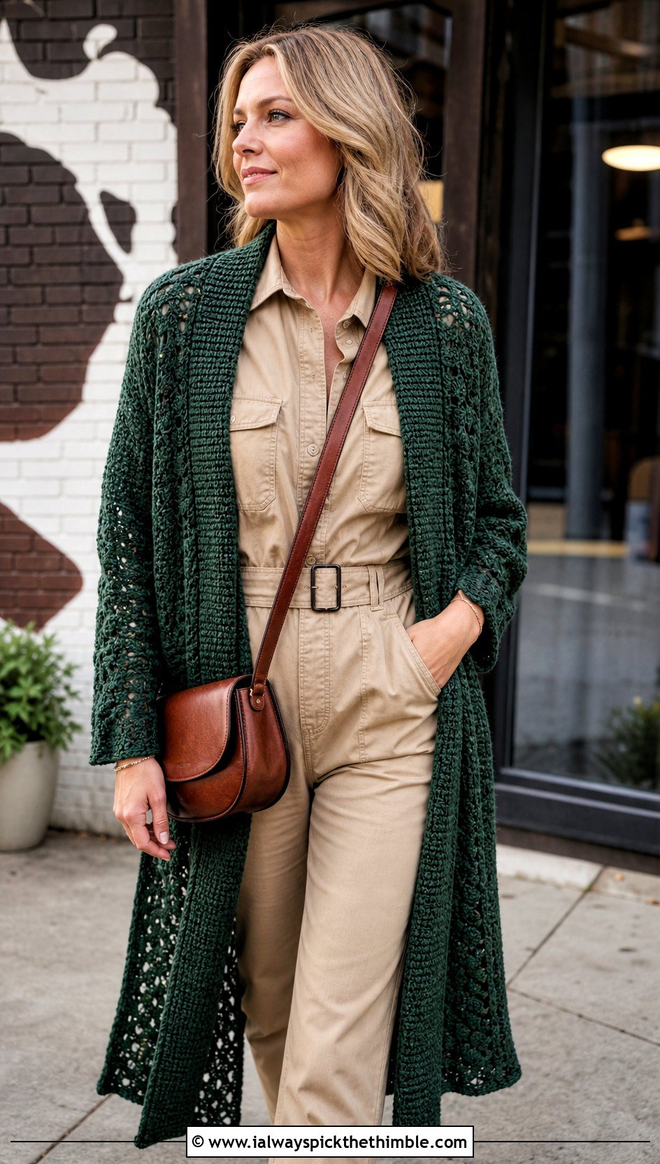 Open Front Crochet Sweater Scarf Wrap With Utility Jumpsuit - 20 crochet scarf sweater wrap outfit ideas