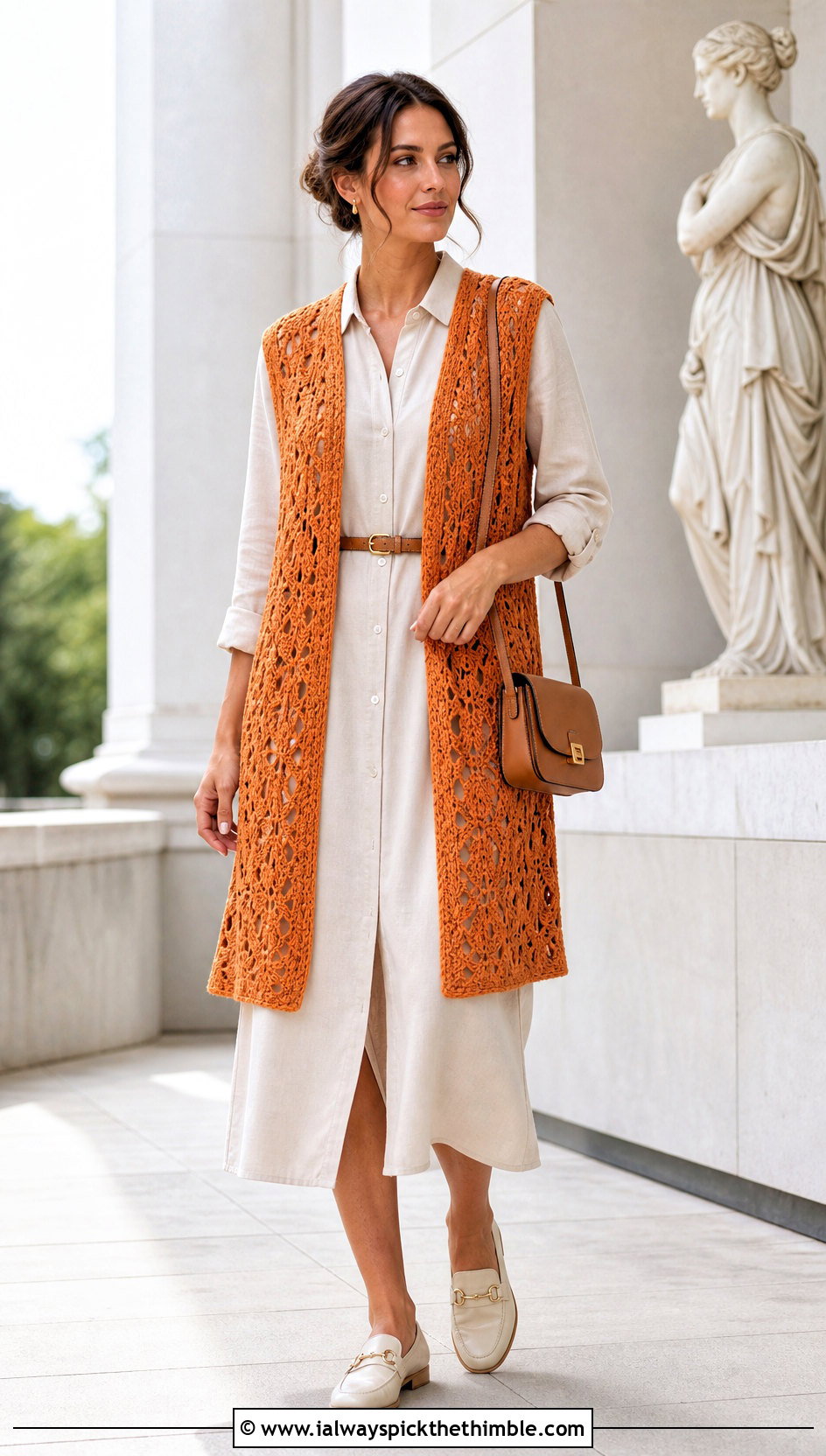 Open Front Crochet Vest With Shirt Dress - 25 crochet vest for women outfit ideas