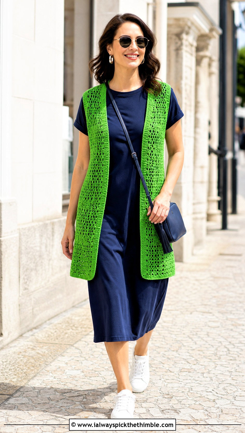 Open Front Crochet Vest With T Shirt Dress - 25 easy crochet vest outfit ideas