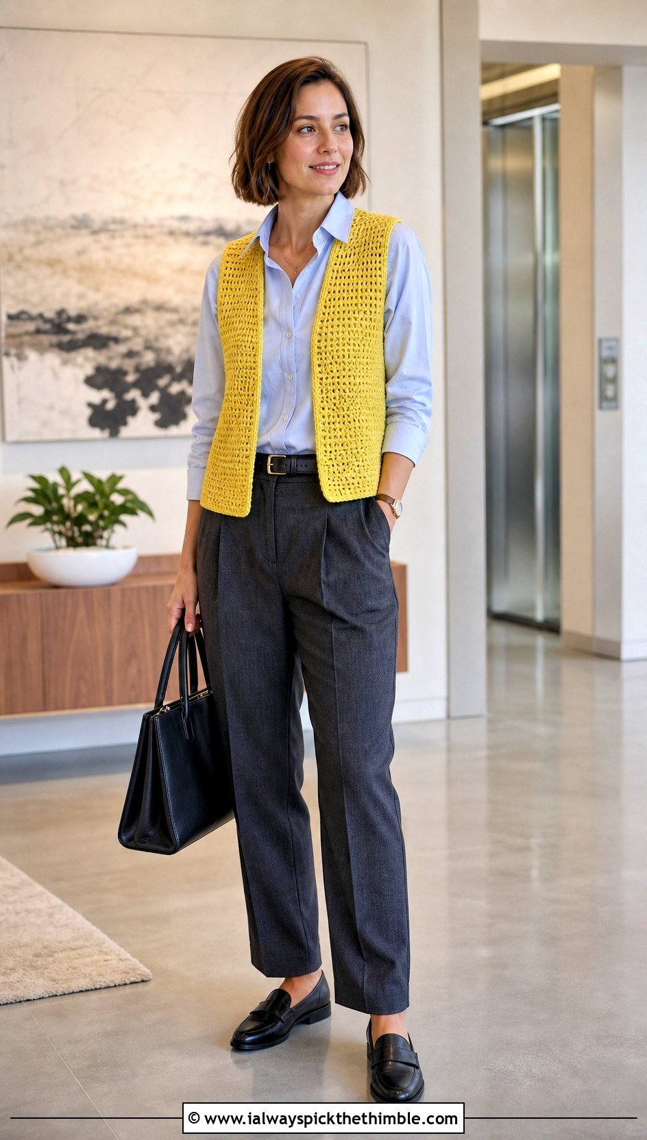 Open Front Crochet Vest With Tailored Trousers - 15 crochet vest coats & jackets outfit ideas