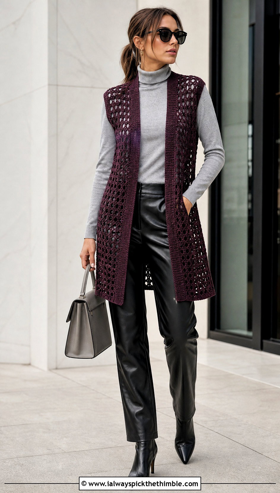Open Front Crochet Vest With Turtleneck and Leather Pants - 20 Easy Crochet Vest For Beginners outfit ideas