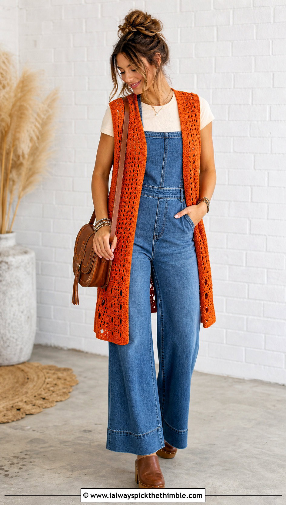 Open Front Crochet Waistcoat With Denim Jumpsuit - 15 Crochet Fall Vest outfit ideas