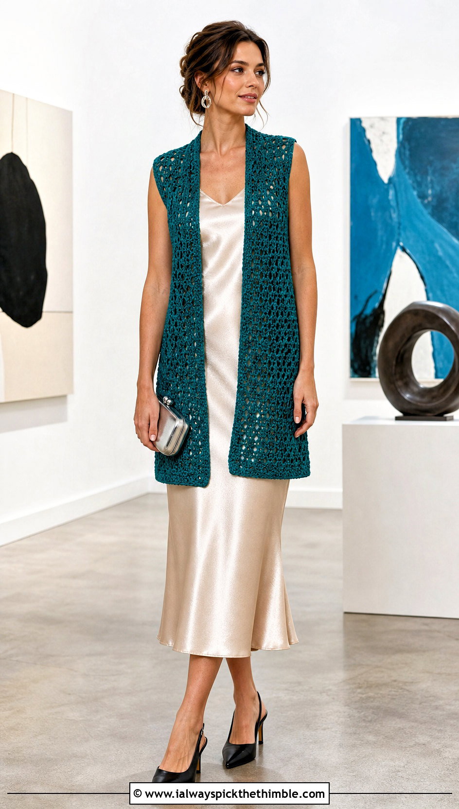 Open Front Crochet Waistcoat With Slip Dress - 20 crochet vest outfit aesthetic outfit ideas